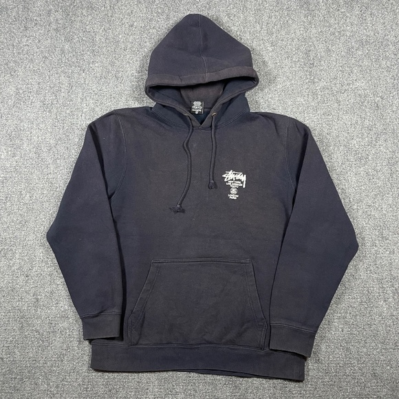 Stussy World Tour Logo Hoodie Mens Large Faded Black Sweatshirt 0965 - Picture 2 of 9